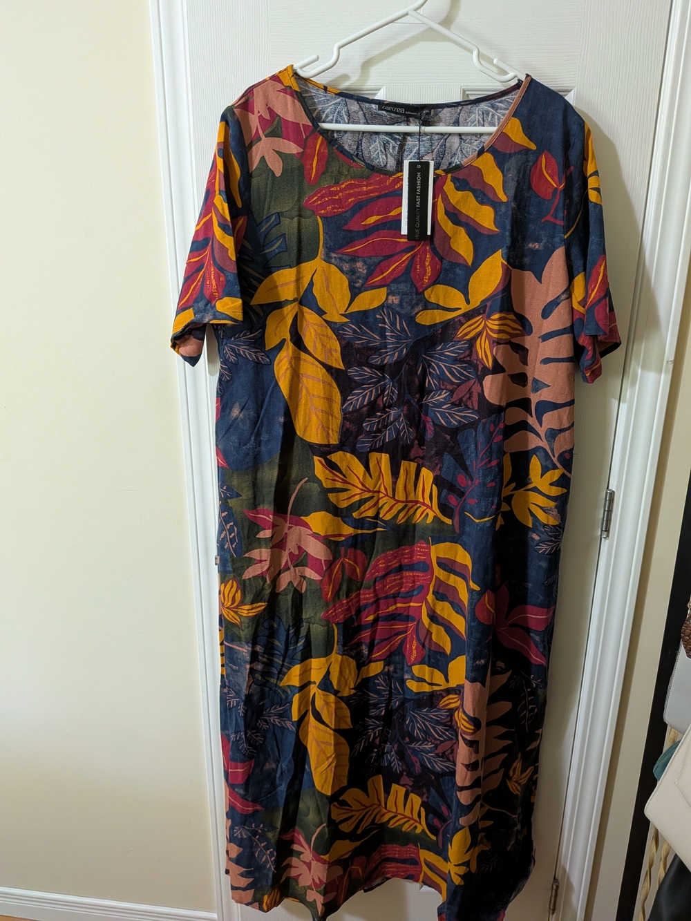 Zanzea Navy Maxi Dress with Mustard Yellow & Pink Leaf Print